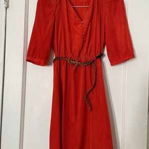 Orange-red 70s style button-front dress with belt included